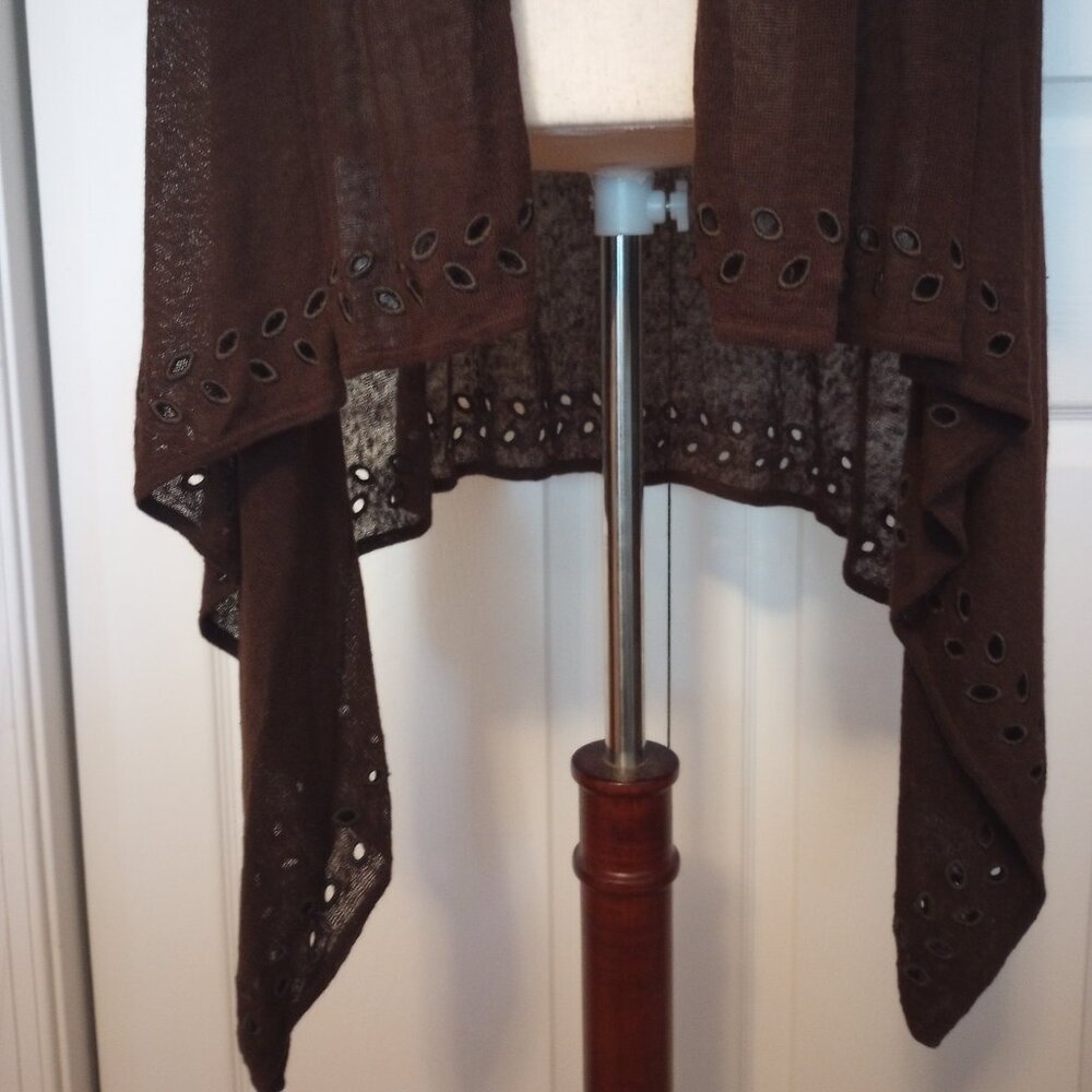 Jones New York Brown Semi-Sheer Linen Blend Open Front Duster Cardigan sz S - Picture 3 of 10
